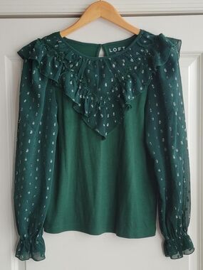 LOFT Women's Green Ruffle Front Long-Sleeve Top